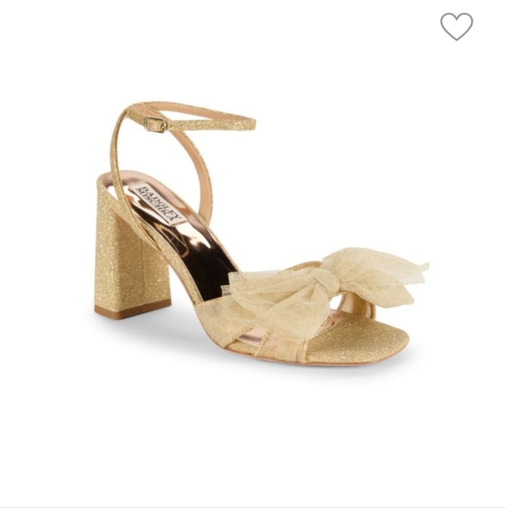 Badgley Mischka 9.5 Gold Glitter Glam Wedding Tulle Bow Ankle Strap Block Heel